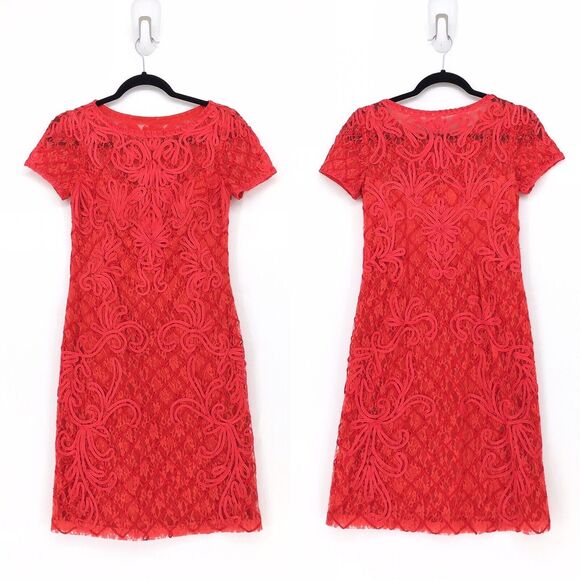 Sue Wong Women 0 Dress Red Embroidered Lace Cocktail Evening Short Sleeve - Picture 1 of 6